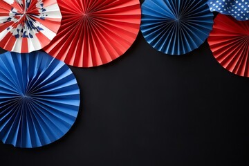 Red, Blue Paper Fans on Black Patriotic Top Border Decor, party , USA