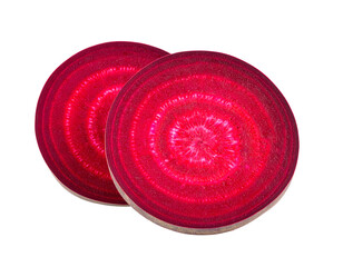 Two freshly sliced organic red beetroots, showing vibrant color and texture, isolated on white.
