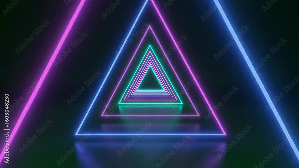Poster neon-lit triangular shapes creating a mesmerizing optical illusion in a dark green background