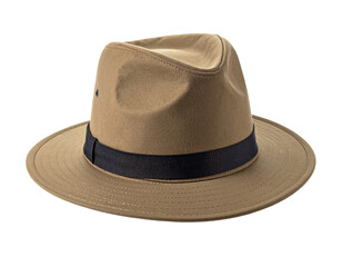 Classic brown safari hat with a wide brim, angled view, suitable for outdoor adventures, isolated on white.
