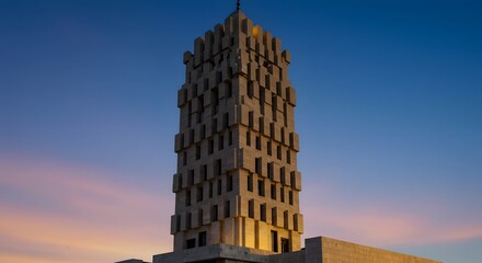 A monumental concrete tower showcasing brutalist architecture against a serene twilight sky