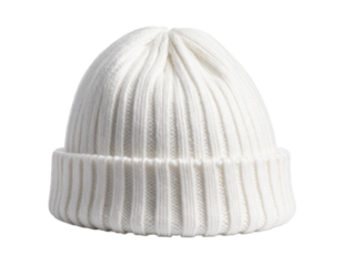 Cozy white knitted winter hat with a ribbed texture, angled view, essential for cold weather, isolated on white.