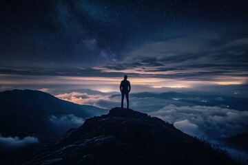 Silhouette on Peak Stargazing, Cloud Sea and Mountain Range, Adventure ,Nightscape
