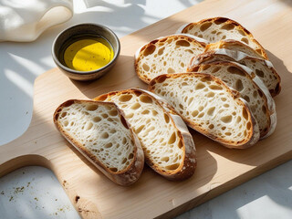Flatlay of artisanal sourdough bread slices with olive oil dip in a small bowl, set on light wooden board. Natural shadows and rustic clean background.
