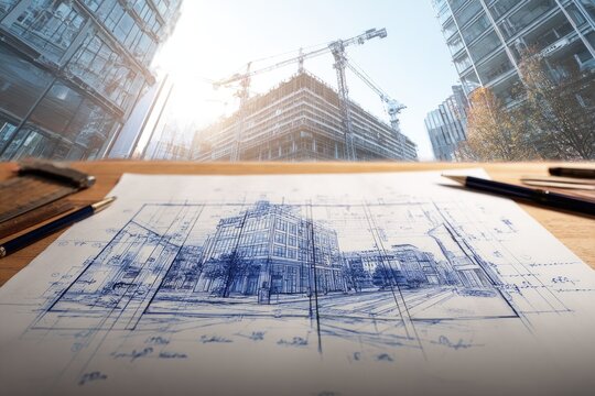 Architectural blueprint of a skyscraper under construction