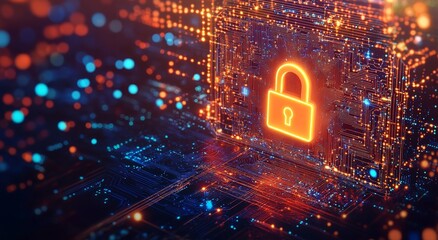 Digital Circuit with Illuminated Lock Icon Representing Cybersecurity