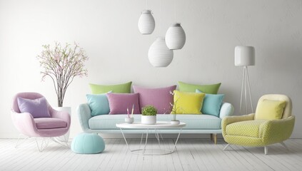 Colorful living room interior design with pastel hues.