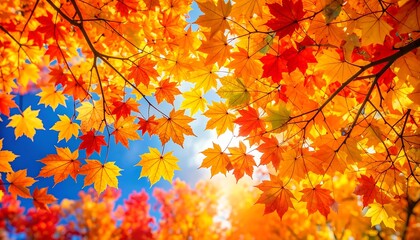 Brilliant maple canopy casting warm sunlight and shadow patterns against autumn sky