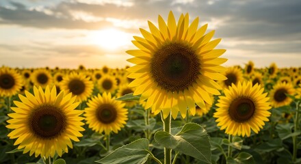 Fototapeta premium Sunflower Field at Sunset - Golden Hour, Agriculture Background