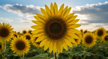 Fototapeta premium Sunflower Field at Sunset: Beautiful Yellow Flowers and Sky