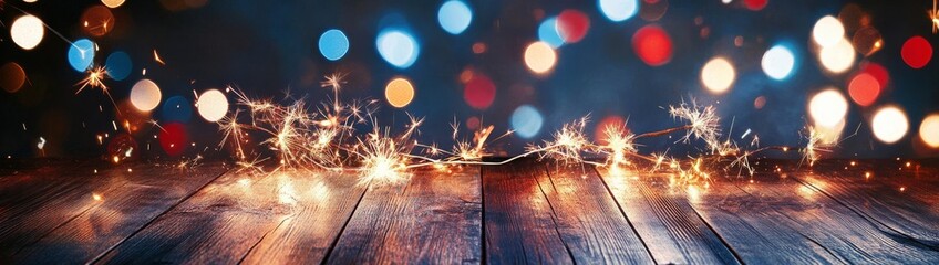Sparklers on Wood with Bokeh Lights, Celebration , New Year