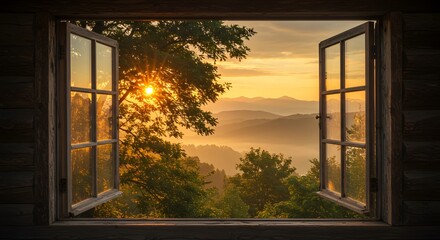 Sunrise Landscape View Through Open Window