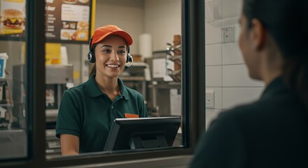 An ultra-realistic, bright photo of a fast-food worker with a headset, smiling warmly at an unseen customer at the drive-thru window. 