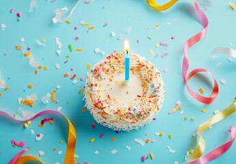Top-Down Birthday Cake with Candle, Sprinkles and Ribbons on Blue, Celebration , Party
