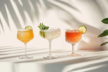 Tropical Drinks Trio Refreshing Cocktails with Cucumber Garnish,shadows , Summer, Beverages