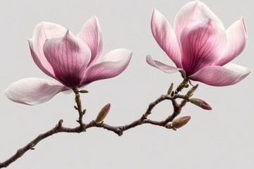 Two Pink Magnolia Blossoms on Branch, Close-Up, Simplicity , Flora, Blossom
