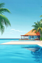 Fototapeta premium Tranquil tropical paradise with a serene villa by the clear blue ocean under a bright sky