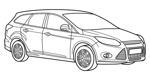 classic station wagon. Different five view shot - front, rear, side and 3d. Outline doodle vector illustration