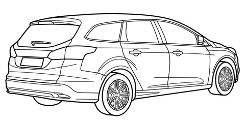 classic station wagon. Different five view shot - front, rear, side and 3d. Outline doodle vector illustration