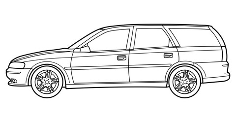 classic station wagon. Different five view shot - front, rear, side and 3d. Outline doodle vector illustration
