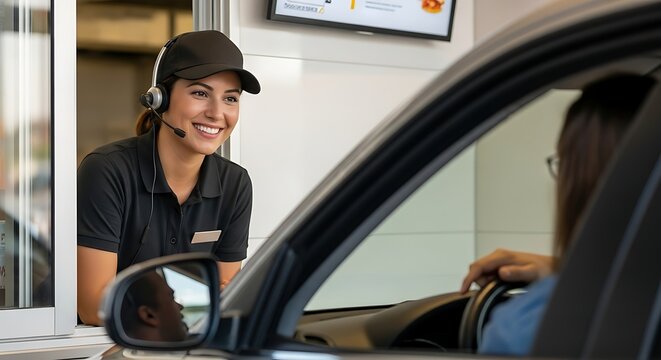 An ultra-realistic, bright photo of a fast-food worker with a headset, smiling warmly at an unseen customer at the drive-thru window. 