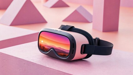 VR Headset on Pastel Surface with Sky Reflection