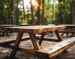Wooden Picnic Table in Forest, Sunlit Scene, Nature , Outdoors