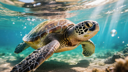 Close-up of sea turtle swimming underwater in clear tropical ocean, surrounded by sunlight rays and marine life.
