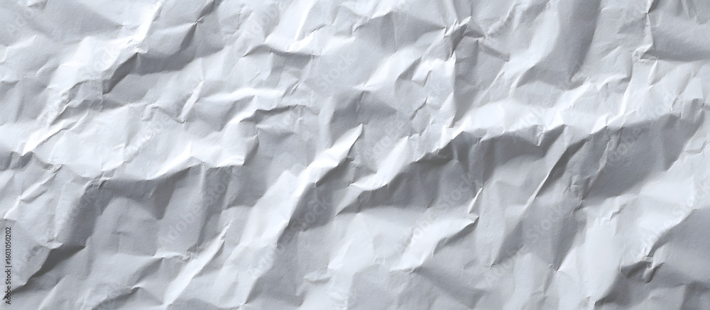 Poster wrinkled white paper texture with creases and folds creating a dynamic surface, predominantly light 