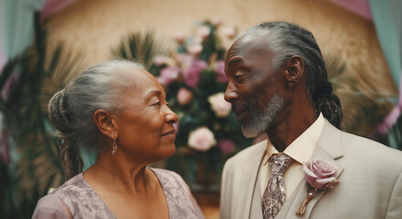 An elderly couple shares a joyful moment during their wedding ceremony, surrounded by floral decorations.