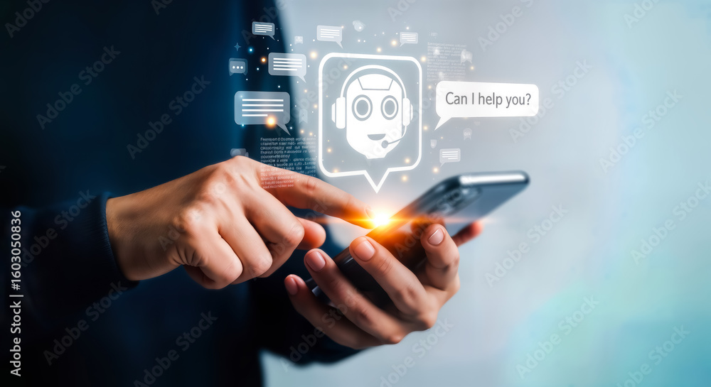 Poster a person uses a smartphone to interact with an ai chatbot