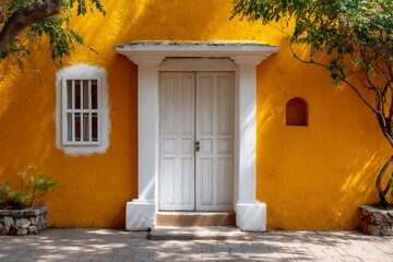 Fototapeta premium Vibrant yellow house with white door and lush greenery