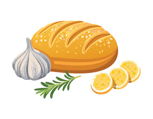 Fresh Baked Bread Loaf with Lemon Rosemary - Vector Illustration