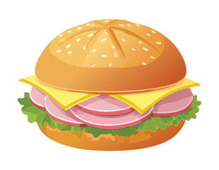 Classic Ham and Cheese Sandwich on Bun - Vector Illustration