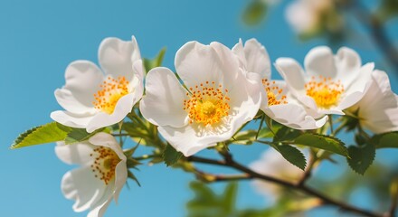 Obraz premium White Wild Roses Blooming Against a Blue Sky