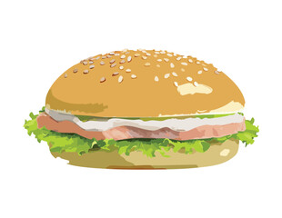 Hearty Sandwich with Sliced Meat and Green Lettuce - Vector Illustration