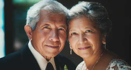 An elderly couple shares a joyful moment together at their wedding holiday, gazing affectionately into each other's eyes.
