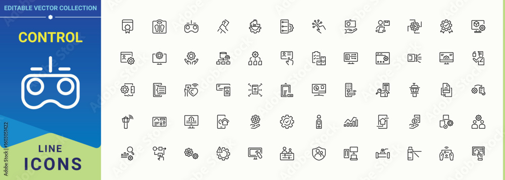Poster set of control line icon. contain linear sign barrier, biometric, id, access security and more. mini