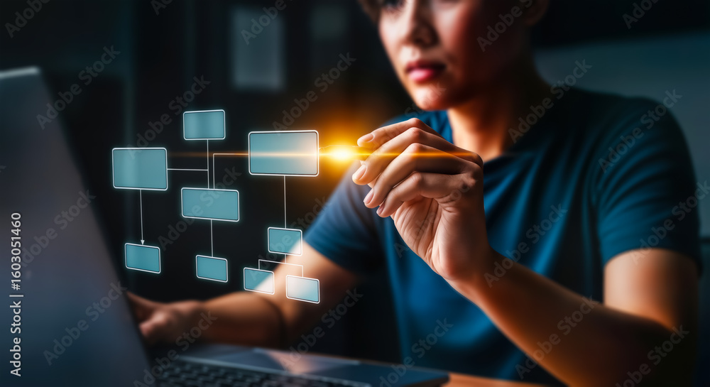 Poster a person uses a laptop to interact with a glowing digital flowchart on a dark background