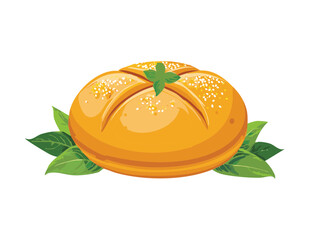 Golden Bread Roll with Green Leaves Vector Illustration