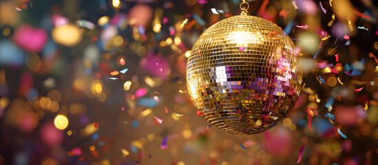 Fototapeta premium Vibrant shiny disco ball reflecting golden light with colorful confetti falling against a blurred festive background creating a joyful celebration atmosphere