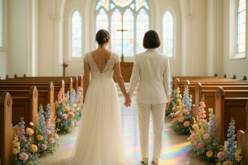 Same-Sex Wedding Aisle Moment in Sunlit Sanctuary