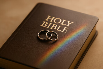 Faith and Equality: Wedding Rings Resting on Bible with Rainbow Symbol

Same-Sex Christian Marriage Representation with Rainbow on Scripture