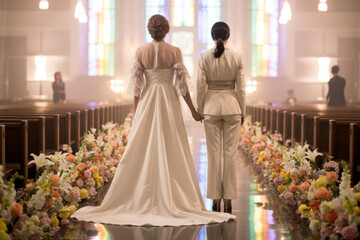 Same-Sex Marriage in Sacred Setting with Floral Aisle