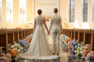 Lesbian Wedding in Church Aisle Celebrating LGBTQ+ Faith

Two Brides United in Love and Faith in Church Ceremony