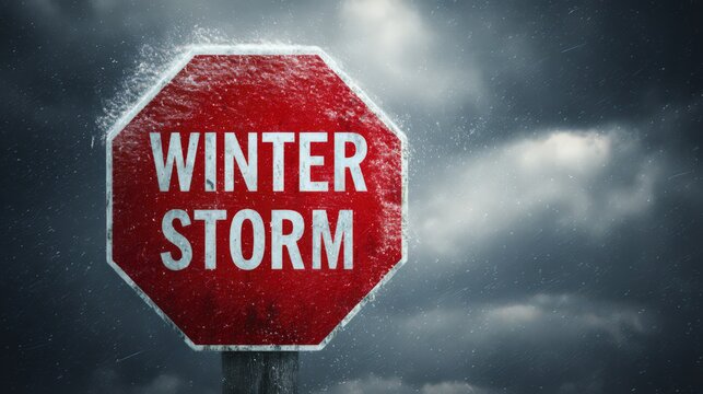 A red winter storm stop sign with water droplets against a cloudy and stormy sky background