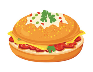 Savory Burger Bun with Cheese and Meat Vector Illustration