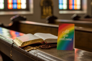 LGBTQ+ Affirming Church Concept with Rainbow Welcome Message