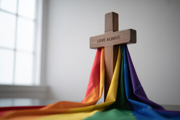 Pride Flag on Christian Cross Symbolizing Love and Acceptance