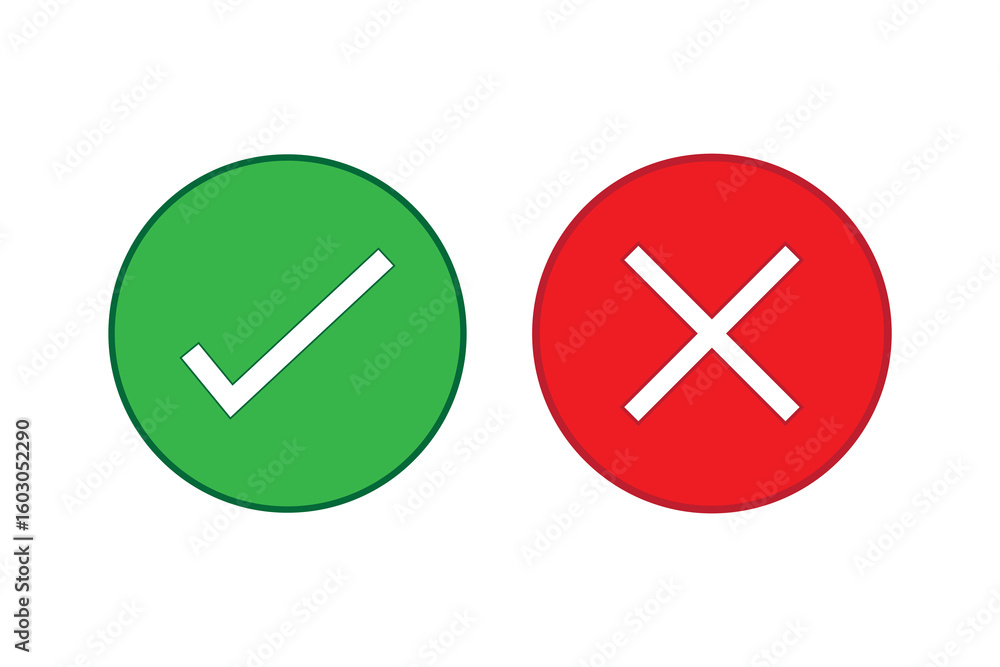 Poster green check mark and red cross icon set in circle and square. tick & cross icon button set. yes or n
